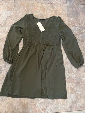 Ladies Olive Green Smocked Long-Sleeve Dress